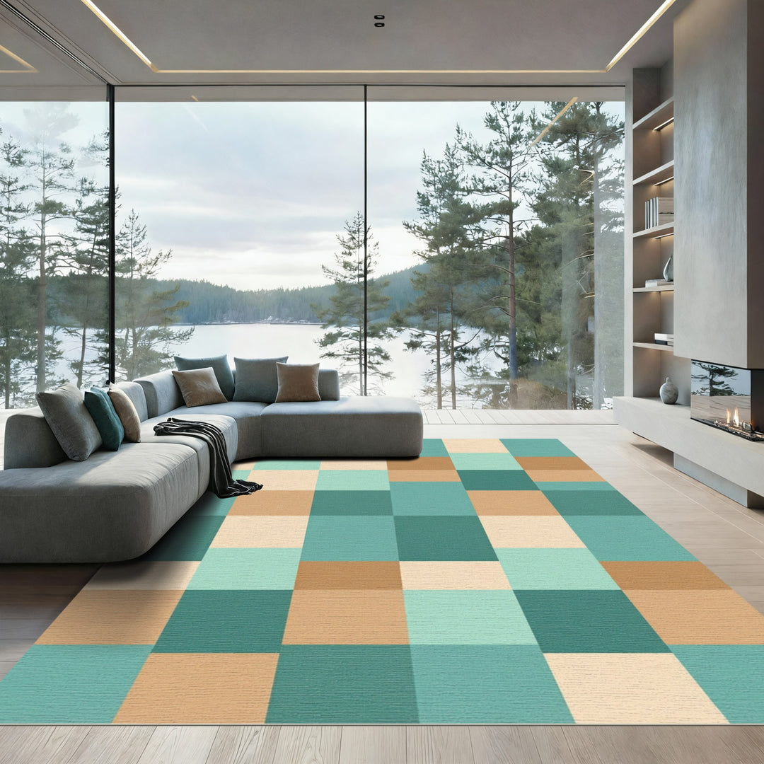 Geometric Teal Peach Cream Blocks Rug