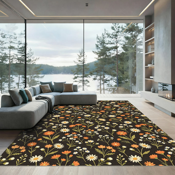 Dark Floral Garden Daisy Arrangement Rug