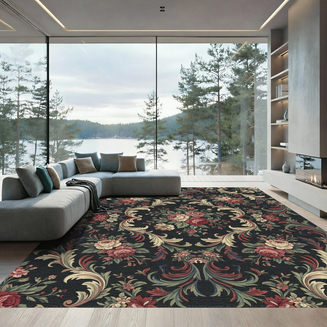 Victorian Red Floral Scroll Arrangement Rug