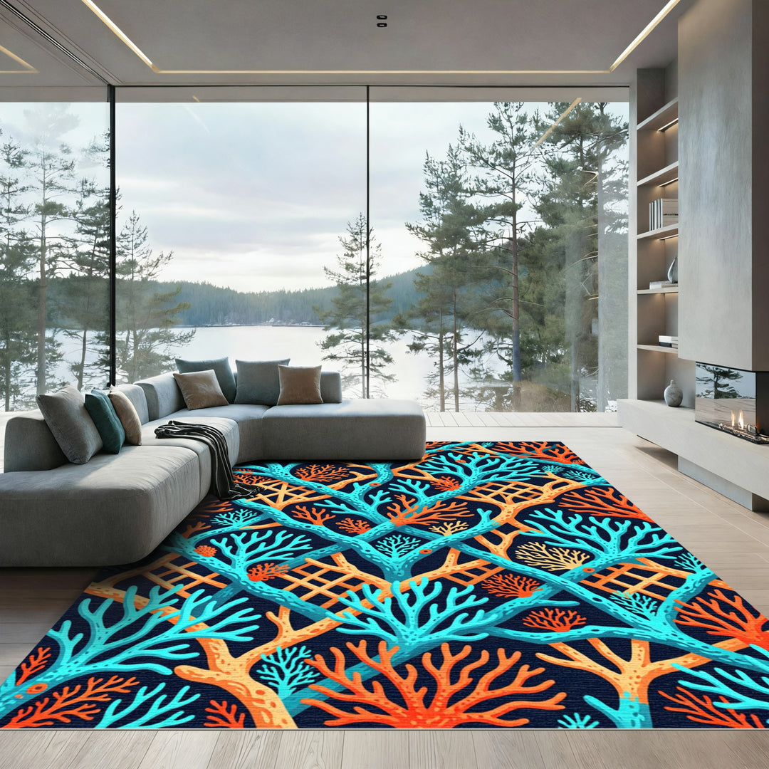 Turquoise Orange Coral Undersea Overlay Rug