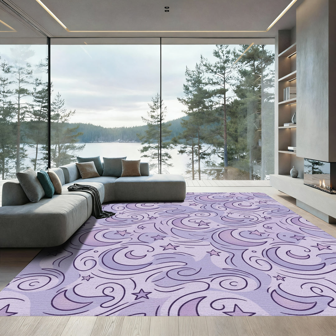Whimsical Lavender Moon Stars Swirl Rug