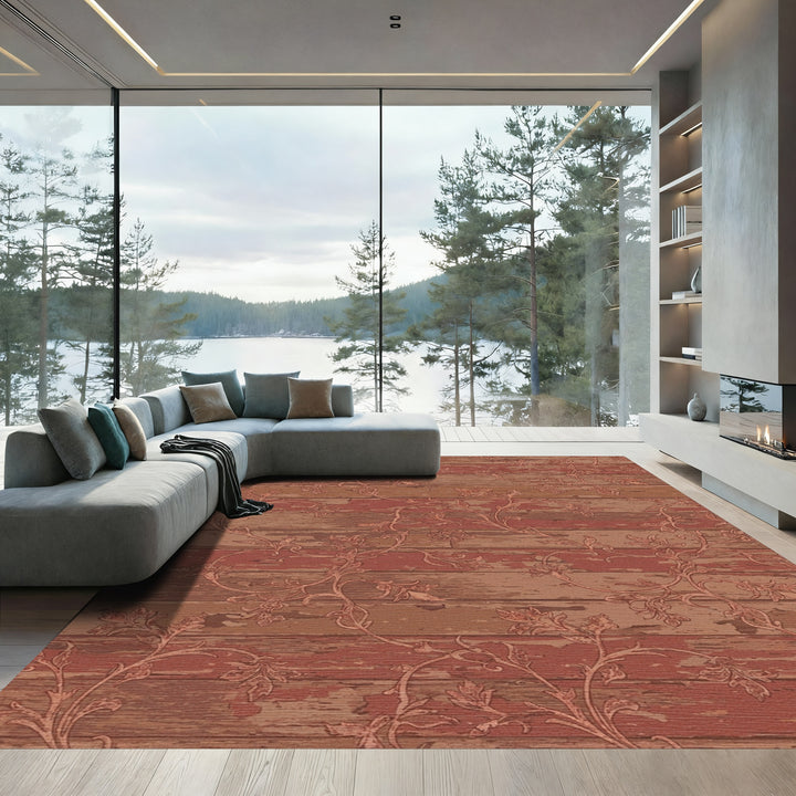 Rustic Floral Scroll Wood Grain Rug