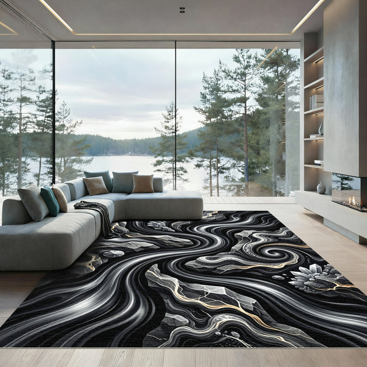 Abstract Black Crystal Swirl Rug