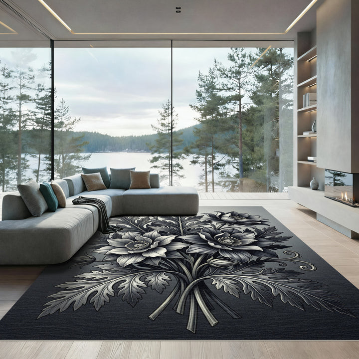 Monochromatic Vintage Floral Bouquet Rug