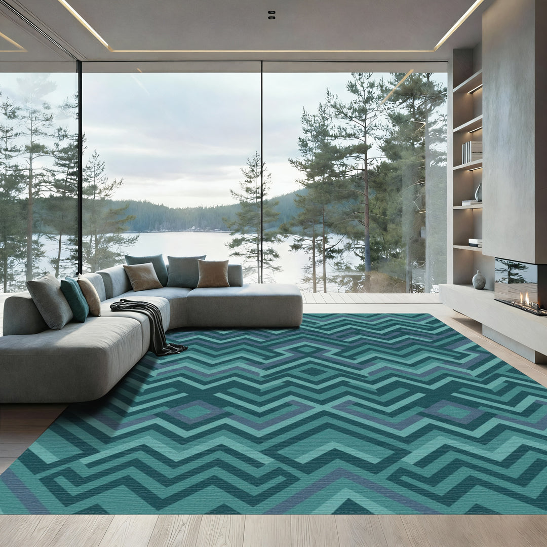 Teal Geometric Maze Chevron Rug