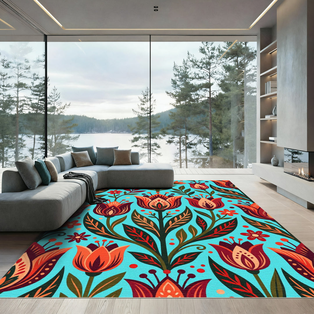 Folk Art Floral Teal Tulip Rug