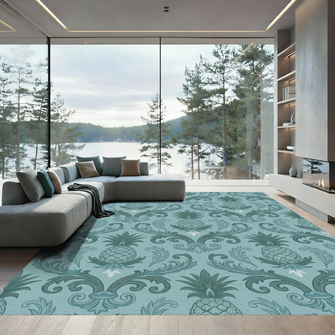 Aquamarine Pineapple Damask Scroll Rug