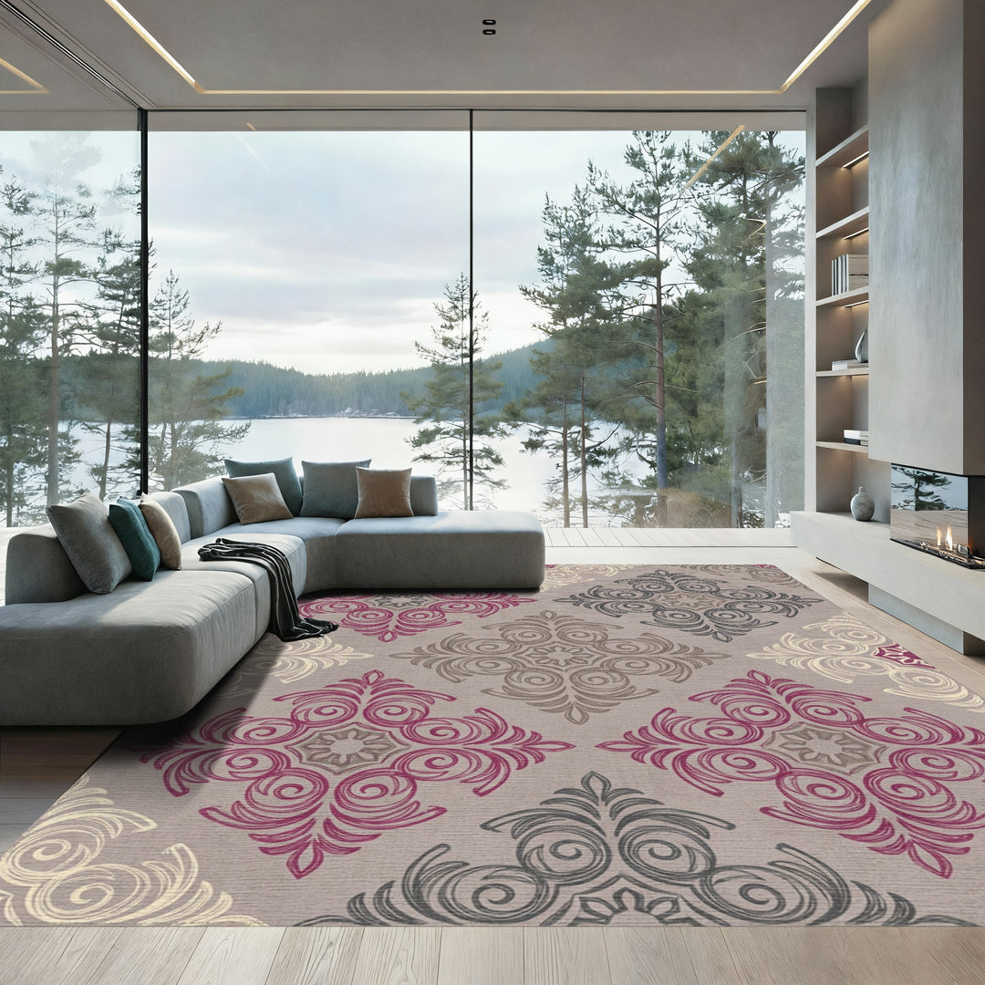 Ornate Pink Gray Cream Medallion Rug