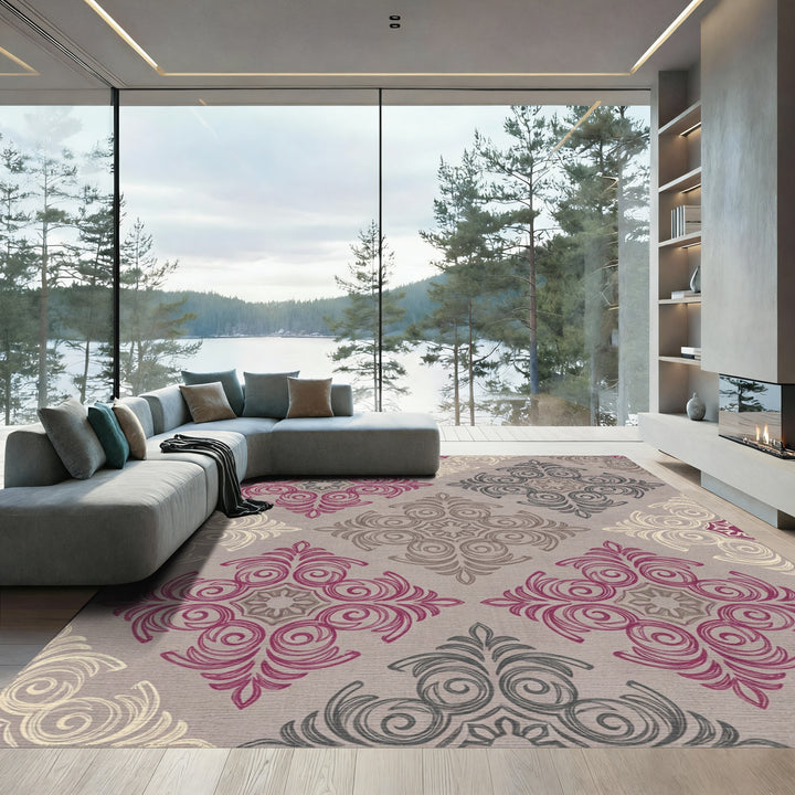 Ornate Pink Gray Cream Medallion Rug