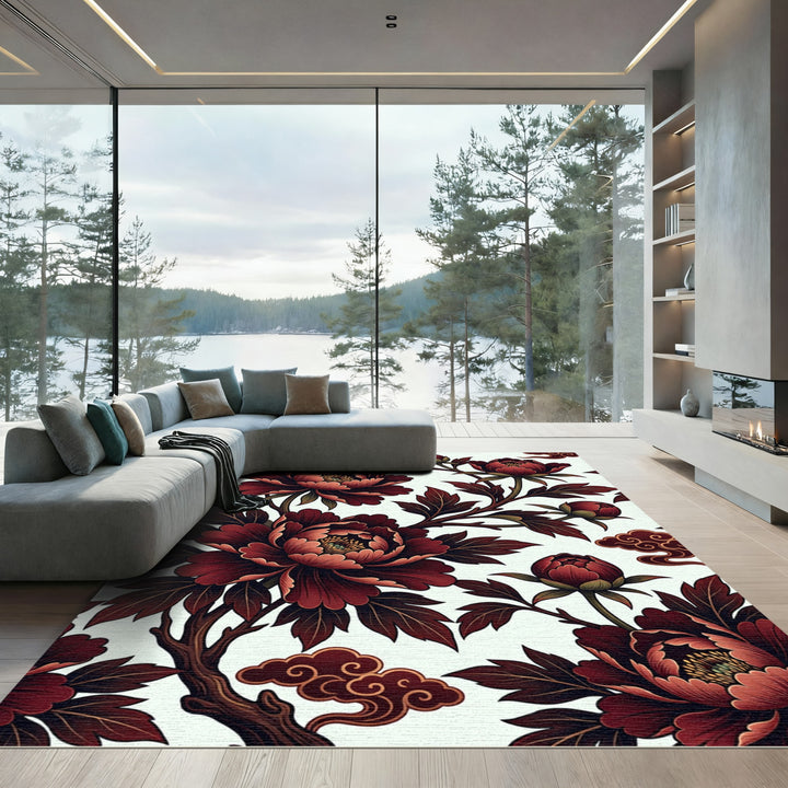 Deep Red Peony Blossom Brocade Rug