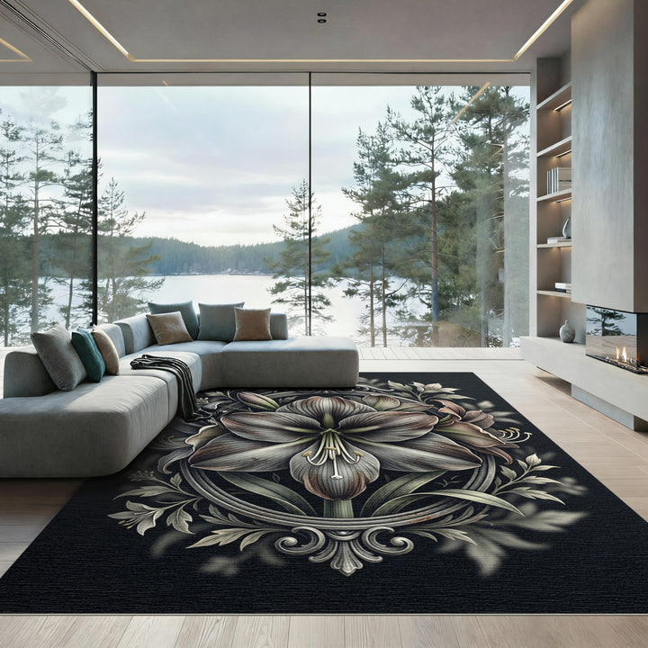 Ornate Amaryllis Floral Border Rug