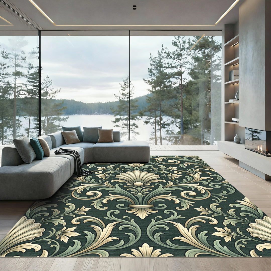Ornate Green Cream Acanthus Scroll Rug