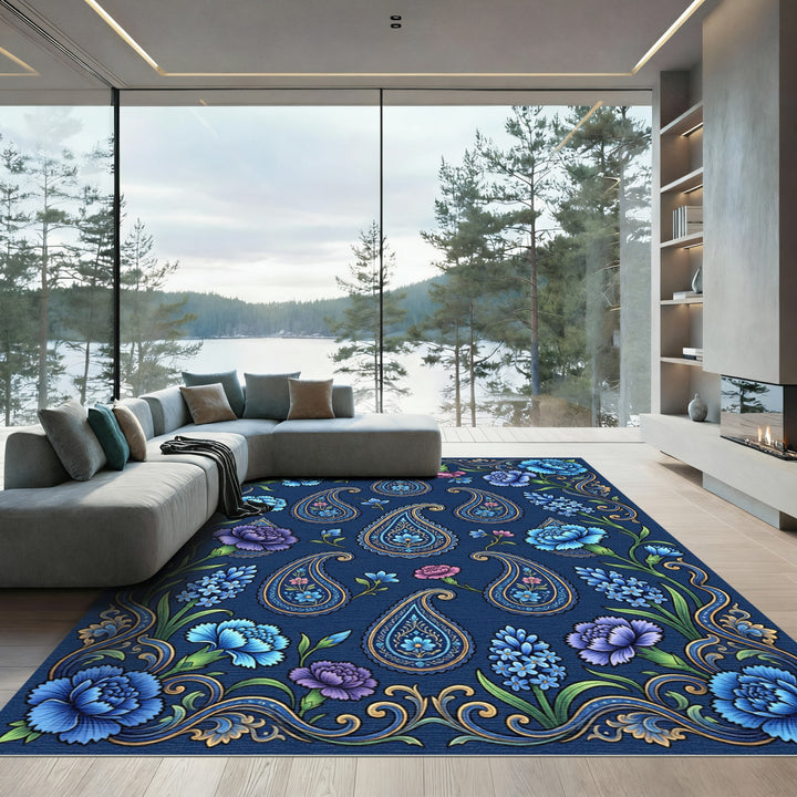 Deep Blue Paisley Floral Border Rug
