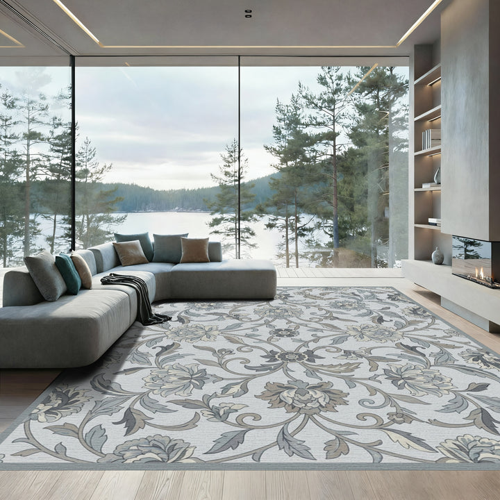 Soft Blue Floral Scrollwork Medallions Rug