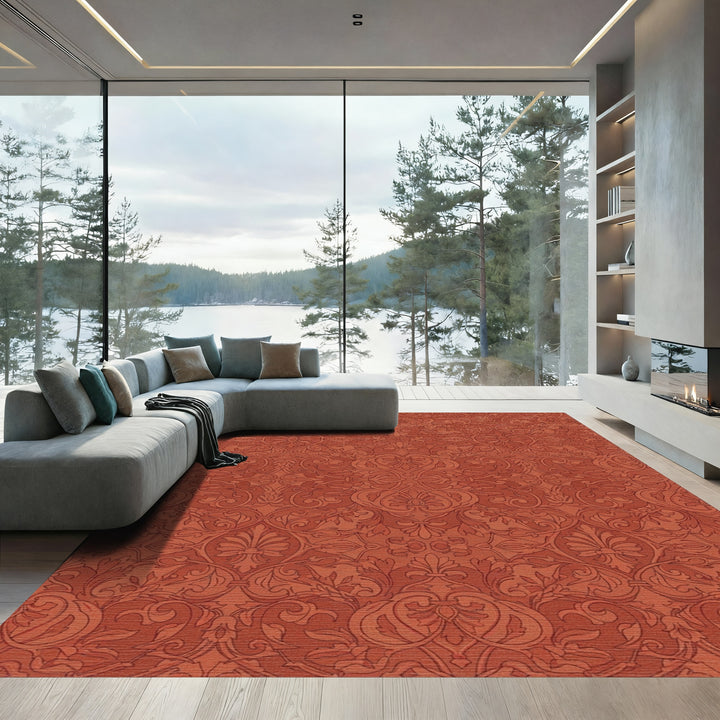 Terracotta Red Damask Scrollwork Rug