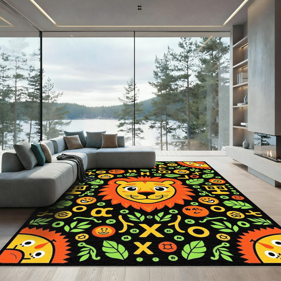 Playful Lion Roaring Yellow Green Creatures Rug