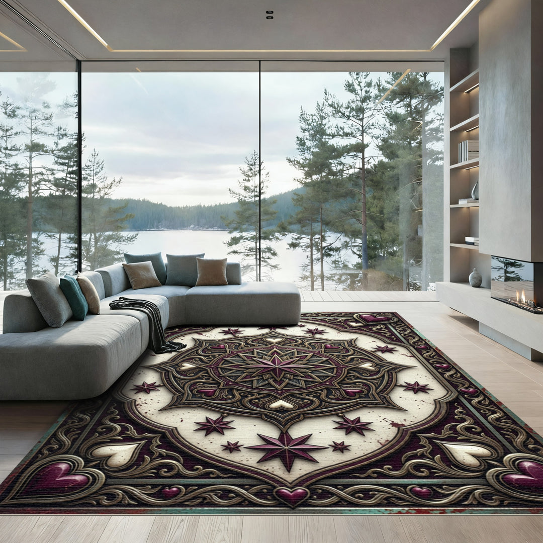 Ornate Heart Star Mandala Rug