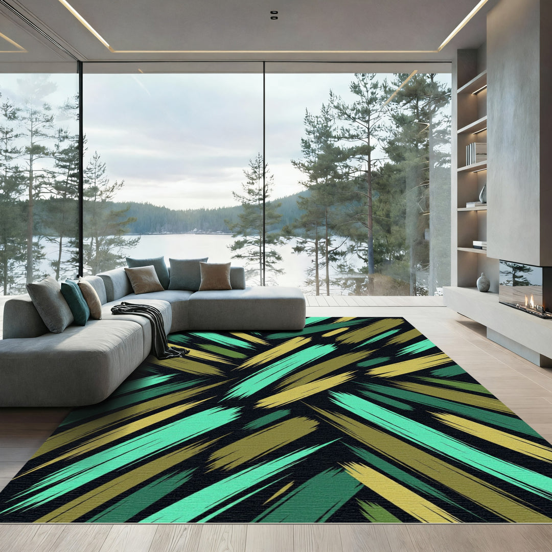Abstract Brush Stroke Teal Olive Rug