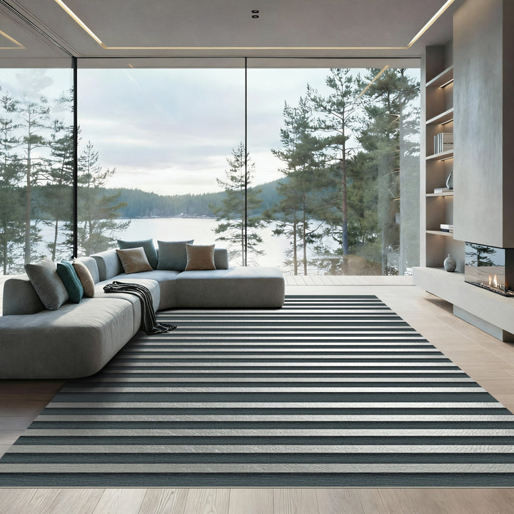 Modern Brushed Metal Horizontal Waves Rug