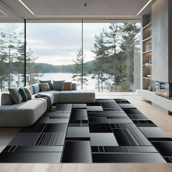 Black Gray Geometric Composition Rug