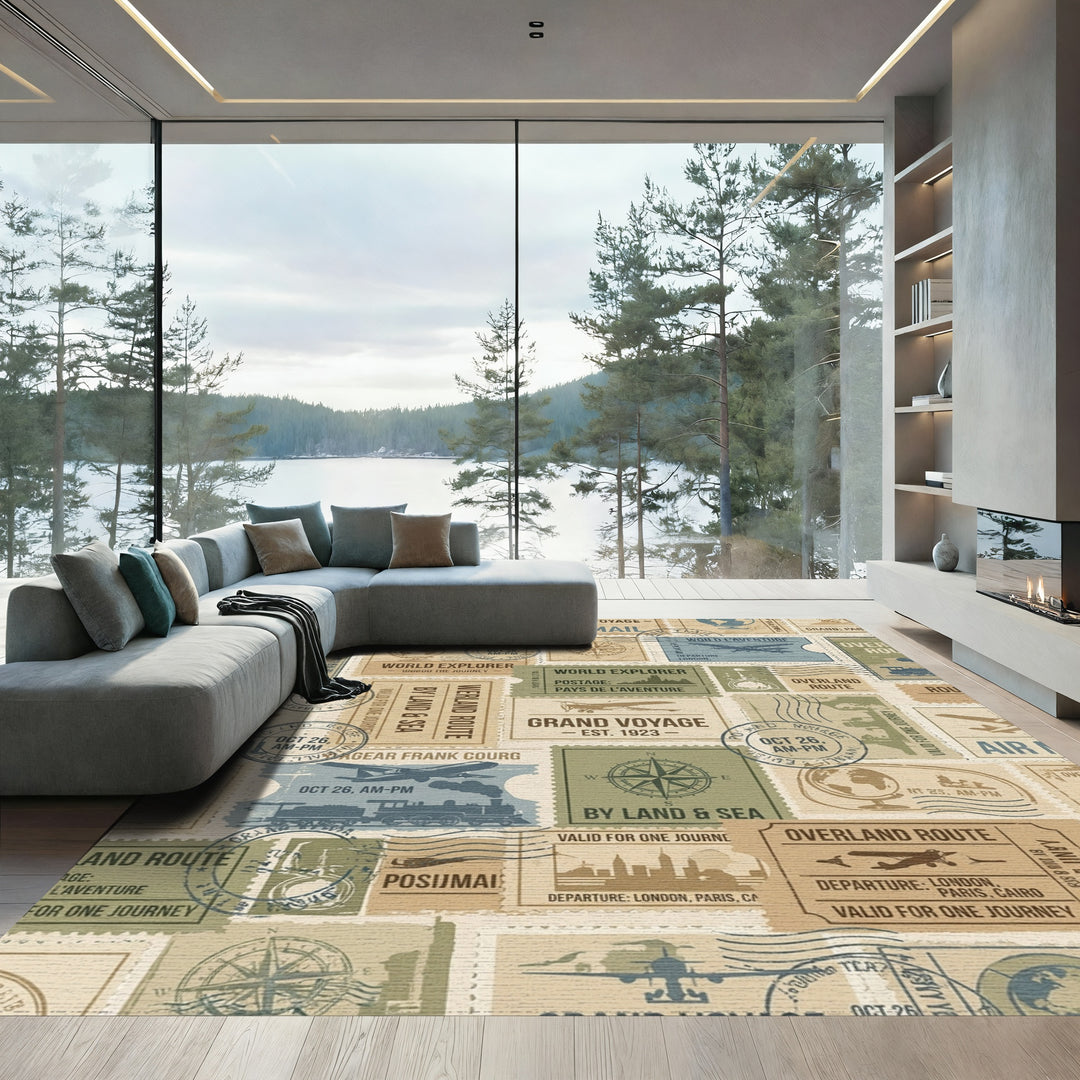 Vintage Travel Stamp Collage Rug