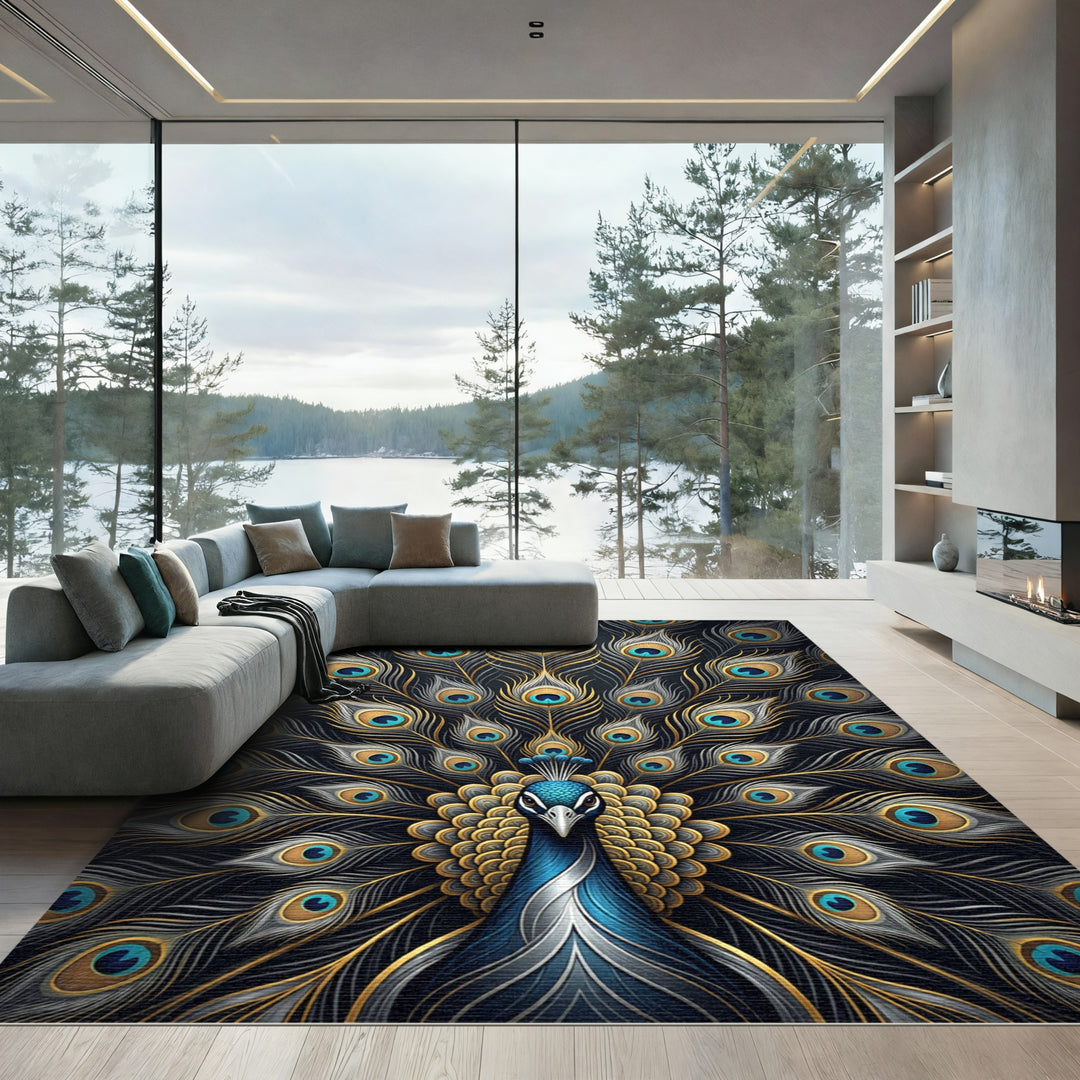 Majestic Peacock Feather Gold Rug