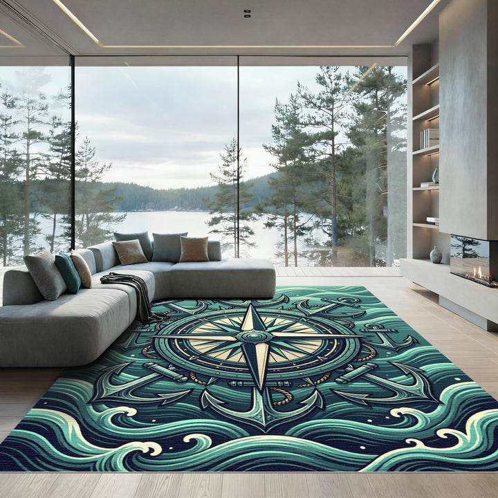 Nautical Compass Anchors Ocean Waves Rug