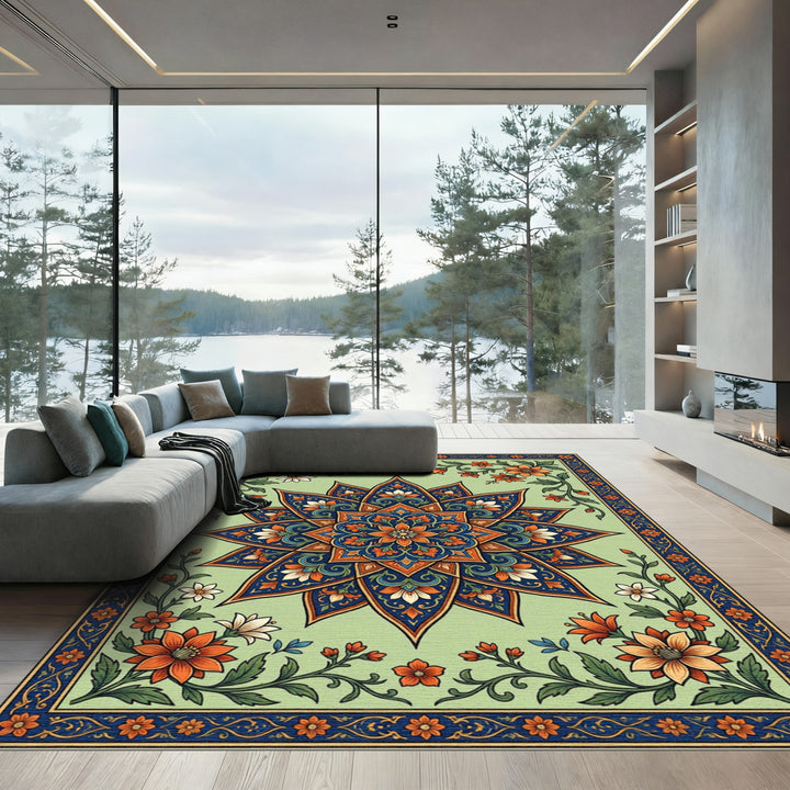 Ornate Blue Orange Floral Mandala Rug