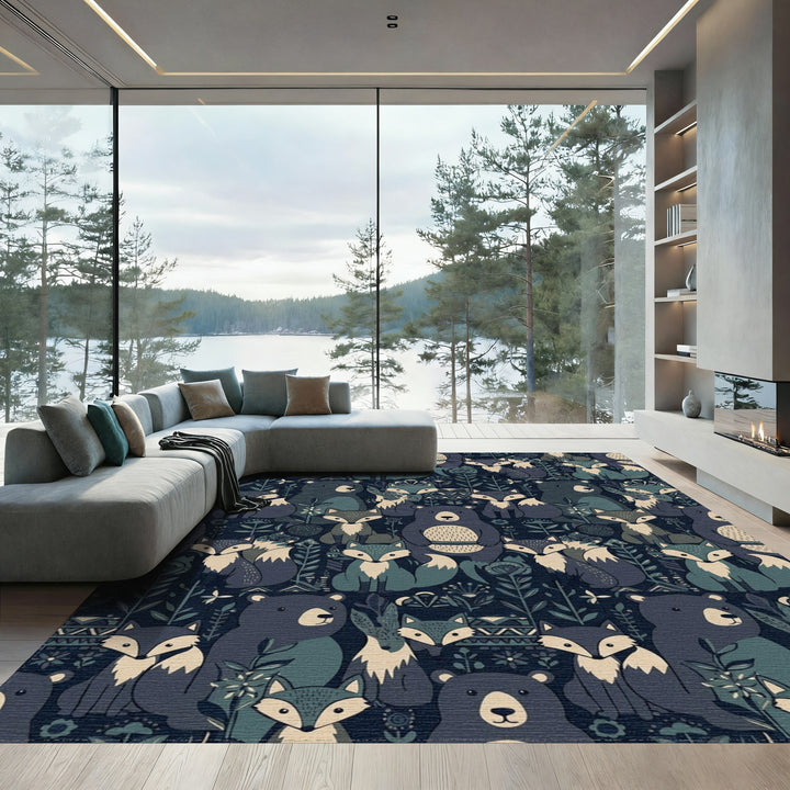 Forest Animals Blue Woodland Narrative Rug