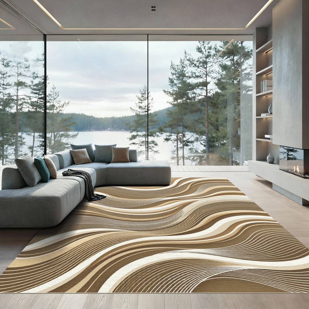Wavy Tan and Cream Abstract Flow Rug