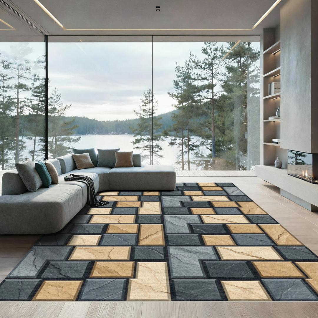 Gray Sandstone Geometric Brickwork Rug