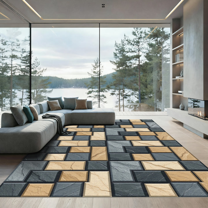Gray Sandstone Geometric Brickwork Rug