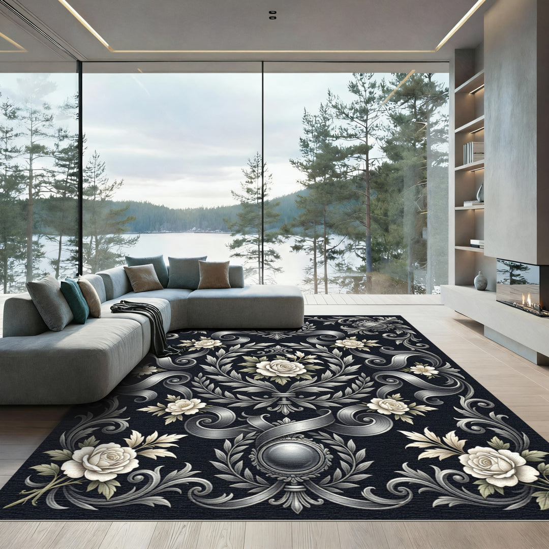 Ornate Silver Floral Laurel Swirls Rug