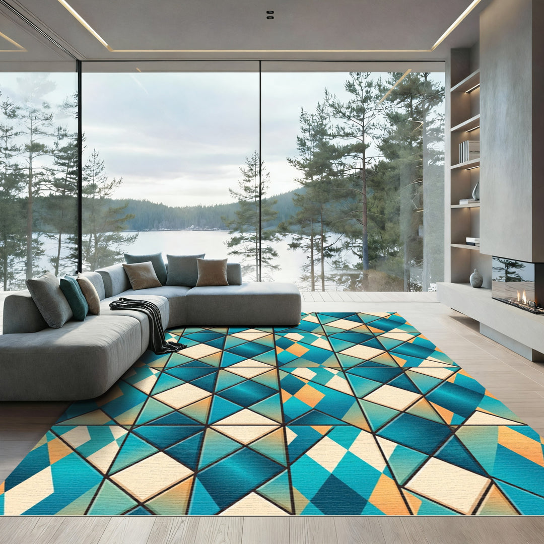 Teal Orange Diamond Geometric Rug