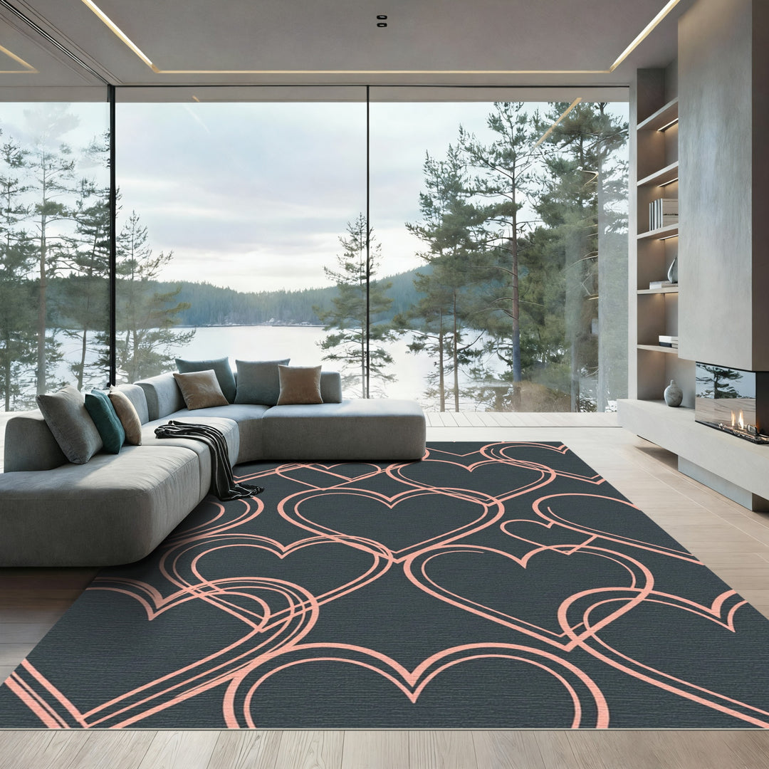 Pink Hearts Dark Gray Abstract Rug