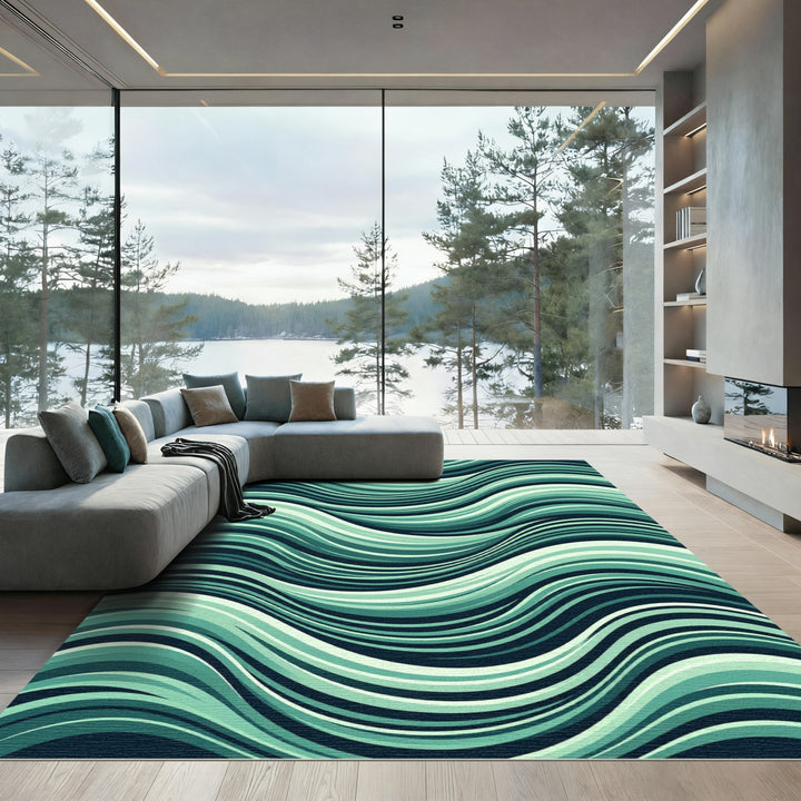 Teal Aqua Wave Stripe Rug
