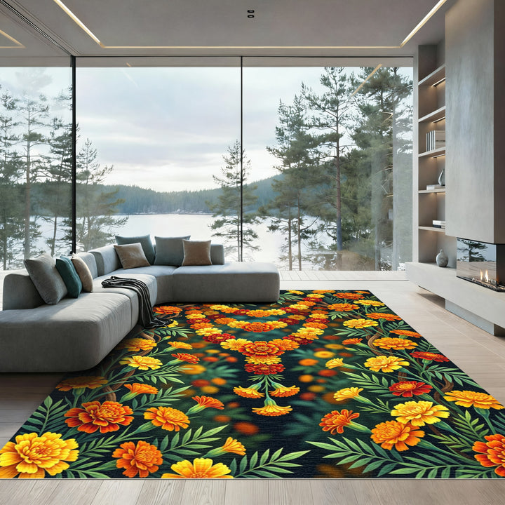 Vibrant Marigold Flower Garland Heart Rug