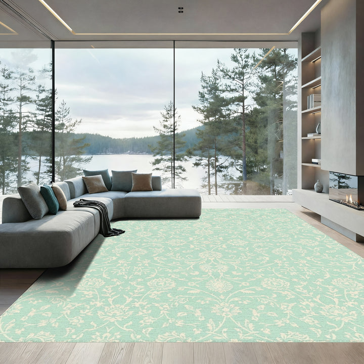Vintage Mint White Floral Vines Rug