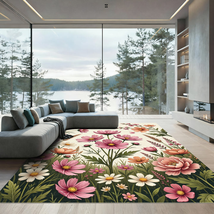 Pink and Peach Cosmos Floral Garden Rug