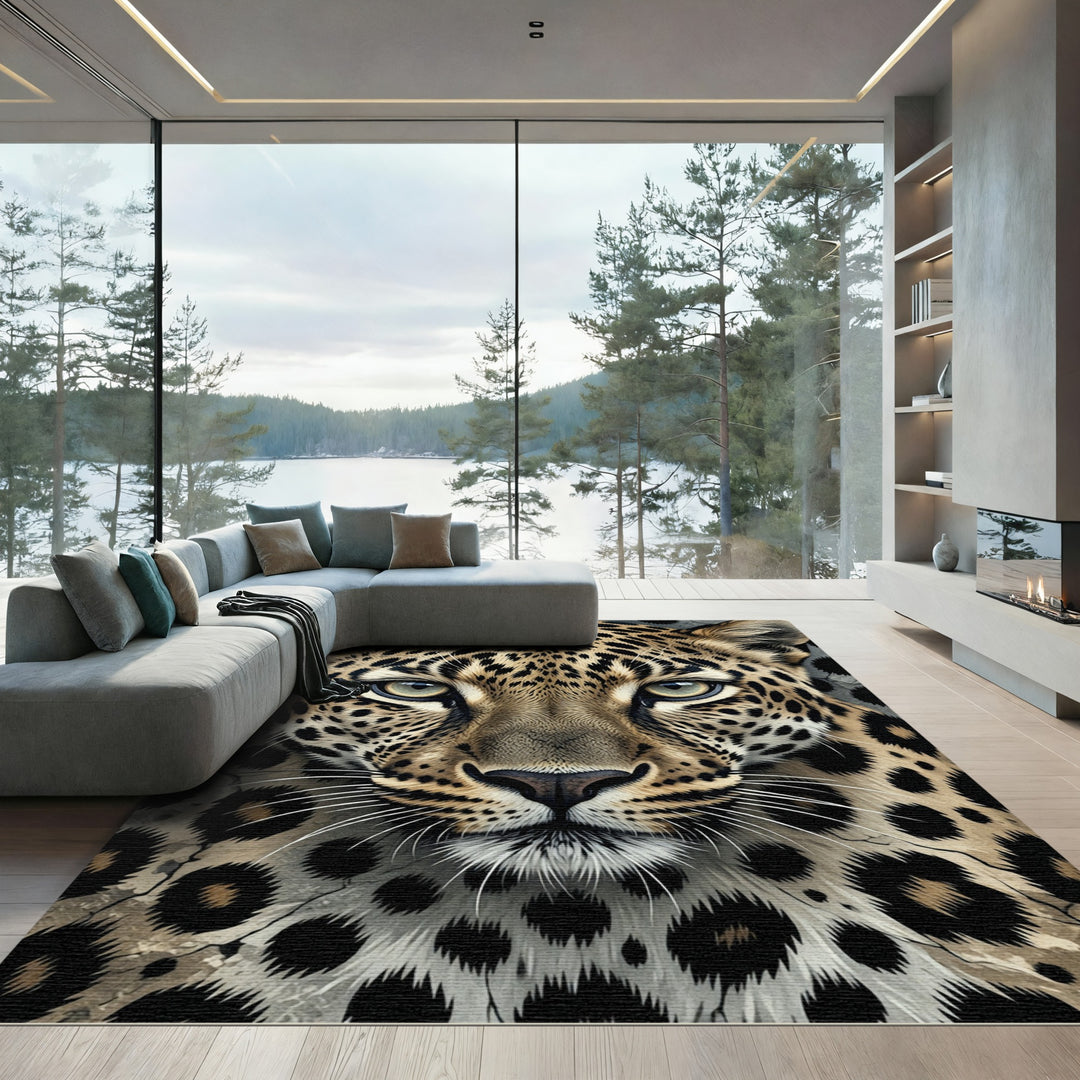 Leopard Face Black Spots Neutral Tones Rug