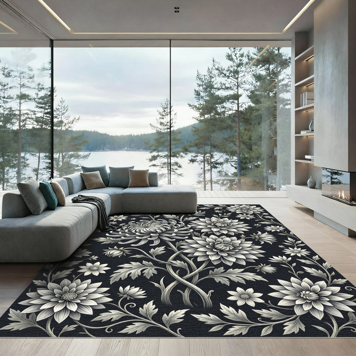 Artistic Black Cream Floral Blossom Rug