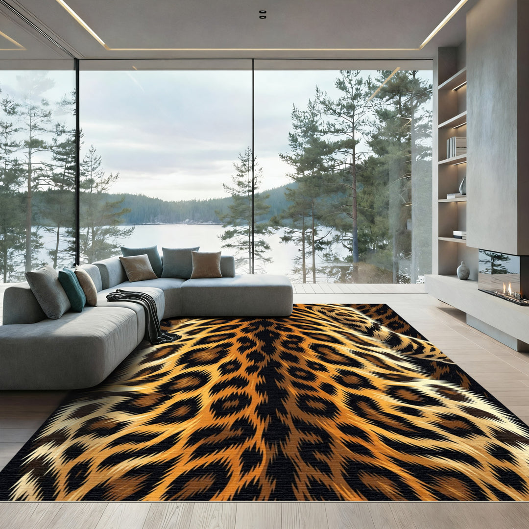 Golden Black Fur Leopard Spots Rug