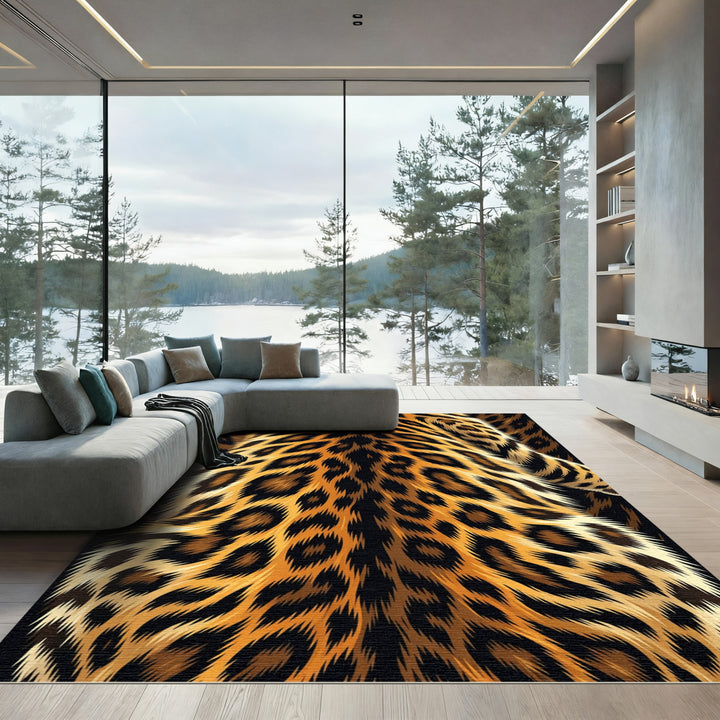 Golden Black Fur Leopard Spots Rug
