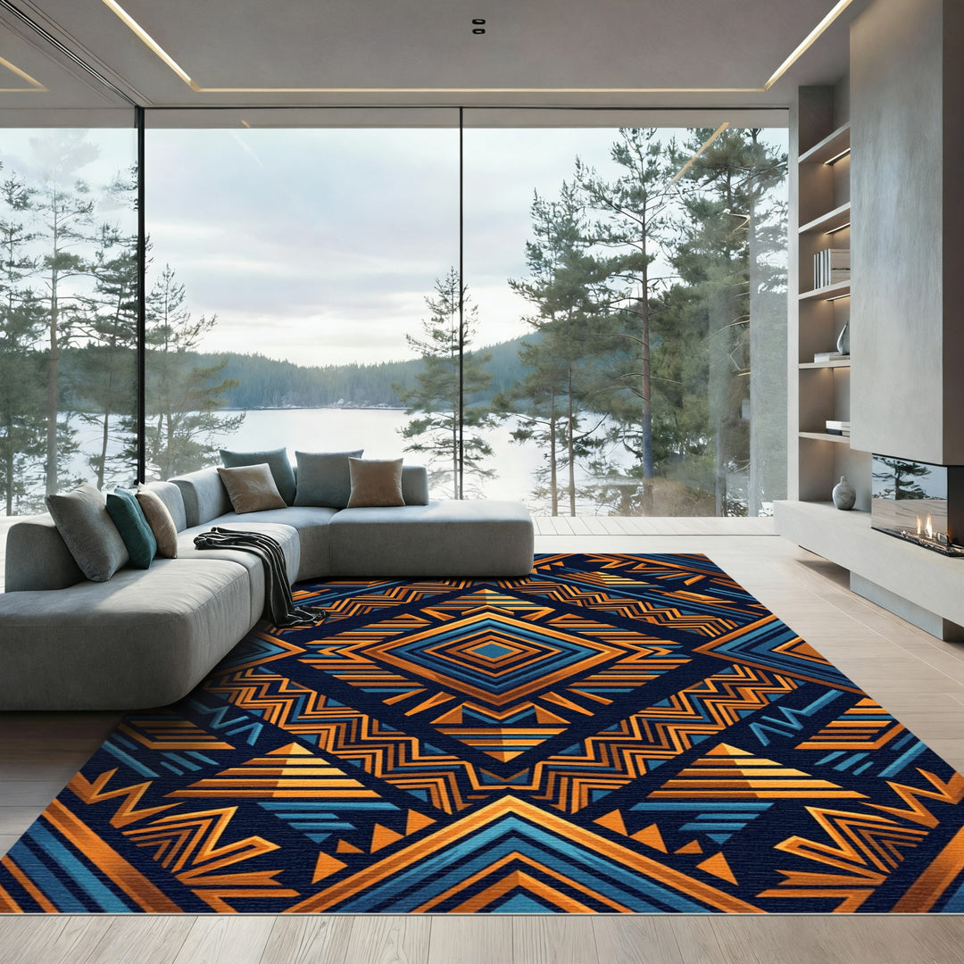 Bold Amber Blue Geometric Tribal Rug