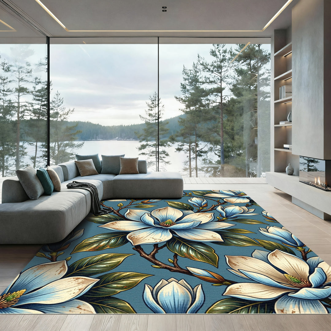 Pastel Blue Magnolia Blossom Branches Rug