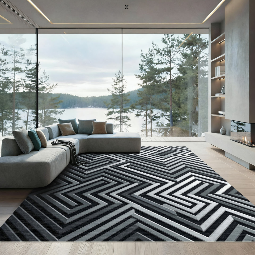 Abstract Zigzag Geometric Gray Rug