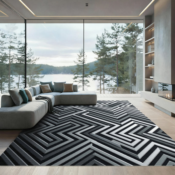 Abstract Zigzag Geometric Gray Rug