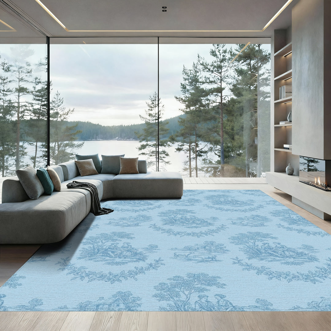 Sky Blue Pastoral Countryside Scene Rug