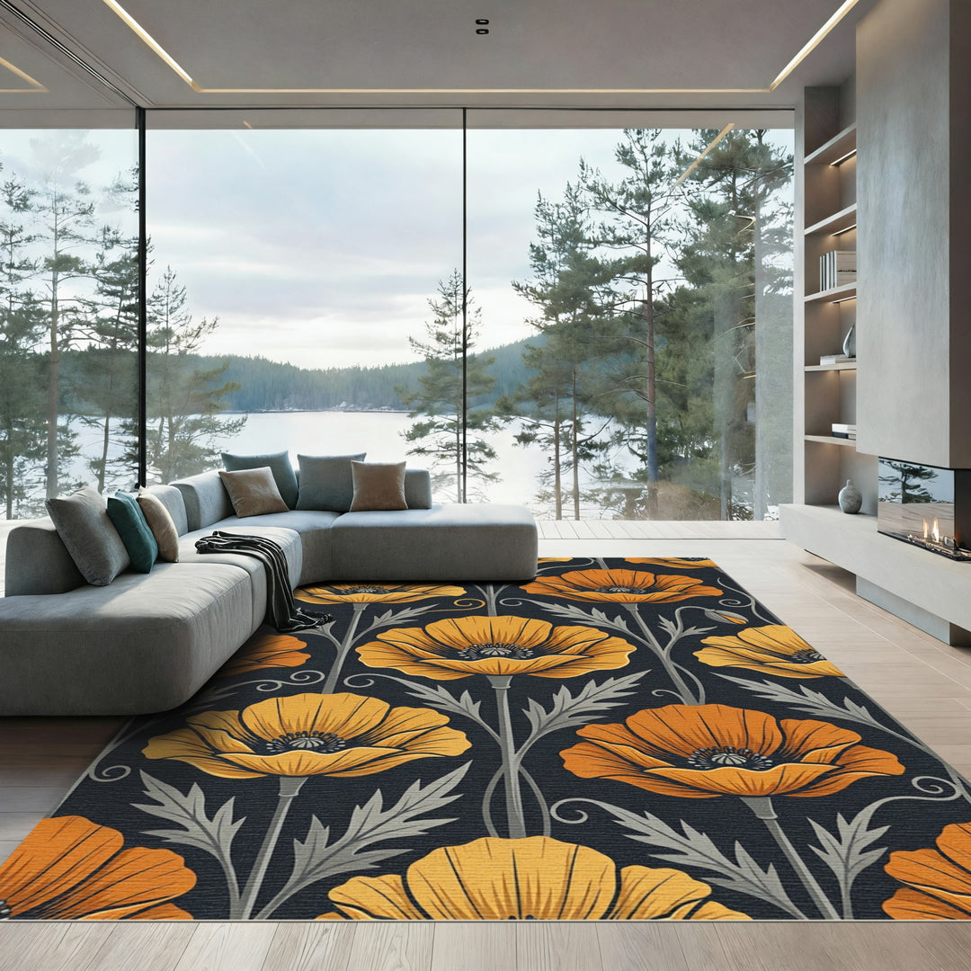 Floral Poppy Orange Gold Rug
