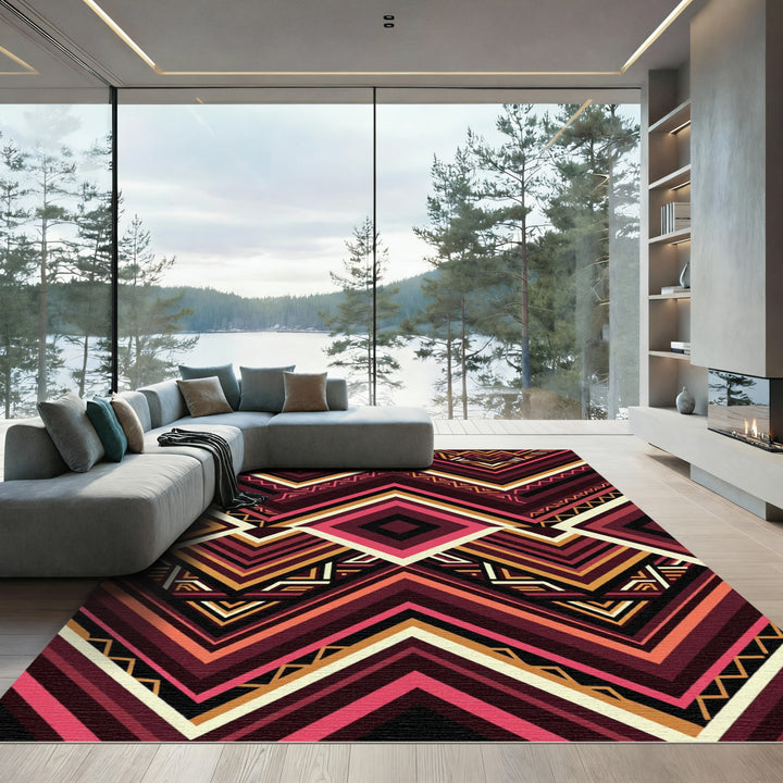 Bold Burgundy Geometric Tribal Diamond Rug
